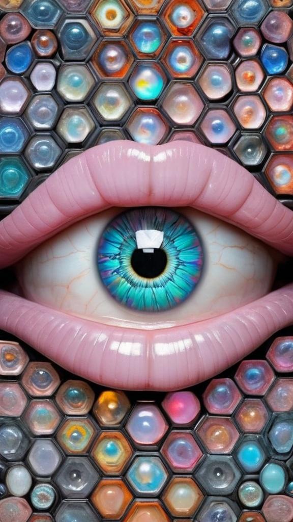 Prompt: Create an extremely hyper-realistic, ultra super textural, weird, trippy, surreal, psychedelic eyes/teeth/mouth pattern/design based on Mandelbrot & “Op Art tiling” with lots of human eyes (crazy colorful compound psychedelic), rows of human teeth, human lips, and tongues. 

- **Colors**: determined by the properties and expressions of the elements (& their isotopes), minerals, and metals: opal, moonstone, Kunzite, selenite, rose quartz, Platinum (Pt)

**Shapes and forms**
- Mandelbrot 
- "Op Art tiling" 
-other shapes determined by the natural properties and expressions of the elements (& their isotopes), minerals, metals, and biological organisms: opal, moonstone, Kunzite, selenite, rose quartz,  Platinum (Pt)


- **Textures**: Derived from any/all elements (& their isotopes), minerals, metals, crystals, organic things mentioned in this prompt: opal, moonstone, Kunzite, selenite, rose quartz, Platinum (Pt)

**Composition and Layout**:
- a pattern/design based on the Op Art tiling & Mandelbrot 

**Lighting**:
- lots of bright light
- Iridescence
- Aventurescence
- Chatoyancy
- Asterism

**Detail and Atmosphere**:
- Extreme hyperrealistic sharp high detail high definition organic and mineral textures
- Psychedelic, weird, odd, surreal atmosphere
- Frozen in time

**Additional Elements**:
- extra rows of teeth, lips, many eyes, Op Art tiling, Mandelbrot, Iridescence
