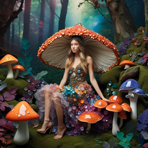 Prompt: <mymodel>Mushroom fairy princess in enchanted woodland, mushroom dress, magic mushrooms, woodland setting, nature-inspired accessories, high quality, fantasy, vibrant tones, ethereal lighting