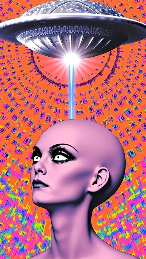 Prompt: Create a hyperrealistic yet illustrative close-up of an alien girl's face and the text phrase “TAKE ME HOME” - Her head is conical-shaped and bald, with large almond-shaped eyes that reflect a mesmerizing array of colored lights. She gazes up at a massive UFO hovering above, its metallic silver surface shimmering with holographic hues. The UFO is adorned with intricate alien designs, showcasing fine, delicate patterns that suggest advanced technology. A ray of light beams down from the UFO, casting a soft glow on her features. The scene is filled with ultra-fine details, blending realism with artistic creativity, capturing an otherworldly beauty.