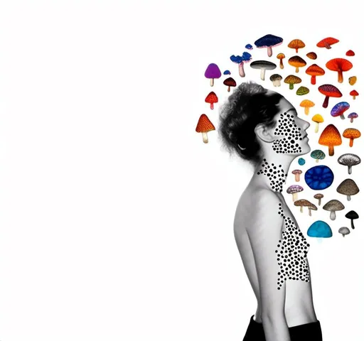 Prompt: A mixed media collage of a black and white photograph of a young woman growing all kinds of colorful multimedia psychedelic mushrooms and fungus out of her body (incorporate things like- but are not limited to - vibrant paints, enamels, glitters, metallic foils, newspaper and magazine cut paper, paint spatter, etc)<mymodel>