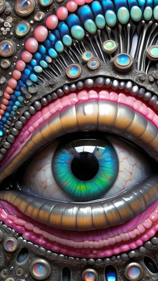 Prompt: an extremely hyper realistic ultra super textural weird trippy surreal psychedelic entity, Cardioid Curves, ,,, translucent, pearlescent finish, inlaid opal, silver, pyrite, quartz,, chrome, bright vivid teals, blues, pinks/yellows/greens, black charcoal, lots and lots of light, lots of crazy colorful compound psychedelic human eyes, rows of human teeth, human lips, tongues, fungus,  atoms, diatoms,, Cardioid Curves, Tessellation,