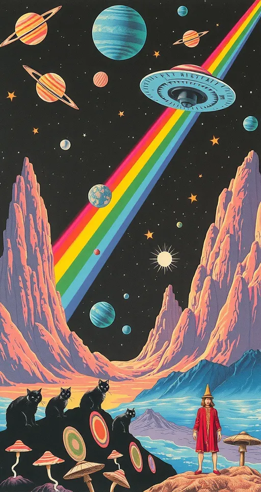 Prompt: <mymodel> Vintage 70s psychedelic surreal sci-fi Collage, analog, cut & paste, outer space, rainbows, spectrum, optical illusions/trippy patterns, surreal alien landscapes, UFOs, « little green men », psilocybin mushrooms, geometric shapes , planets, orbs, black night sky with stars, in the center, cats, 