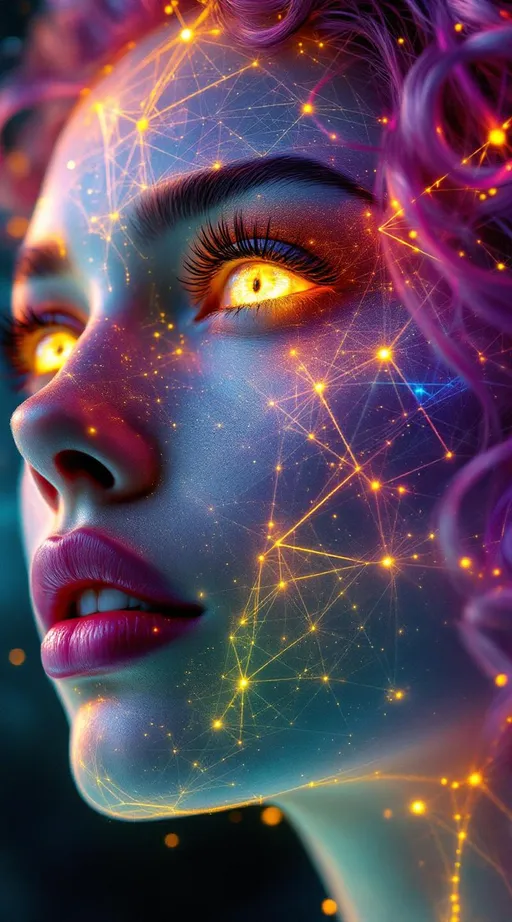 Prompt: Her face is a modular masterpiece—cheekbones traced with the shimmer of moonshine symmetry, every angle tuned to a hidden harmonic. Newton fractal veins glow faintly beneath translucent skin, shifting in color with each emotion. Her eyes burn with prime number fire, irises tiled in Penrose symmetry, blinking with curved light logic. Laughter echoes in Hilbert paths across her cheeks—space-filling joy spirals, soft and bright. Hair spills around her in radiant pink curls, styled by quasiperiodic forces and recursive wave equations—each strand flowing in luminous fractal tension. Geometry pulses at the hairline, recursive symbols glinting in neon mathdust. She is wrapped in hyperbolic aura-rings, layered in color-feedback like living topology, her presence refracting sacred math through joy, emotion, and colorfields.”

⸻

Visual Keywords:
Modular face symmetry, Newton glow skin, Penrose-tiled irises, Hilbert smile trails, pink recursive curls, fractal symbol halo, hyperbolic color aura, neon mathdust, prime fire eyes