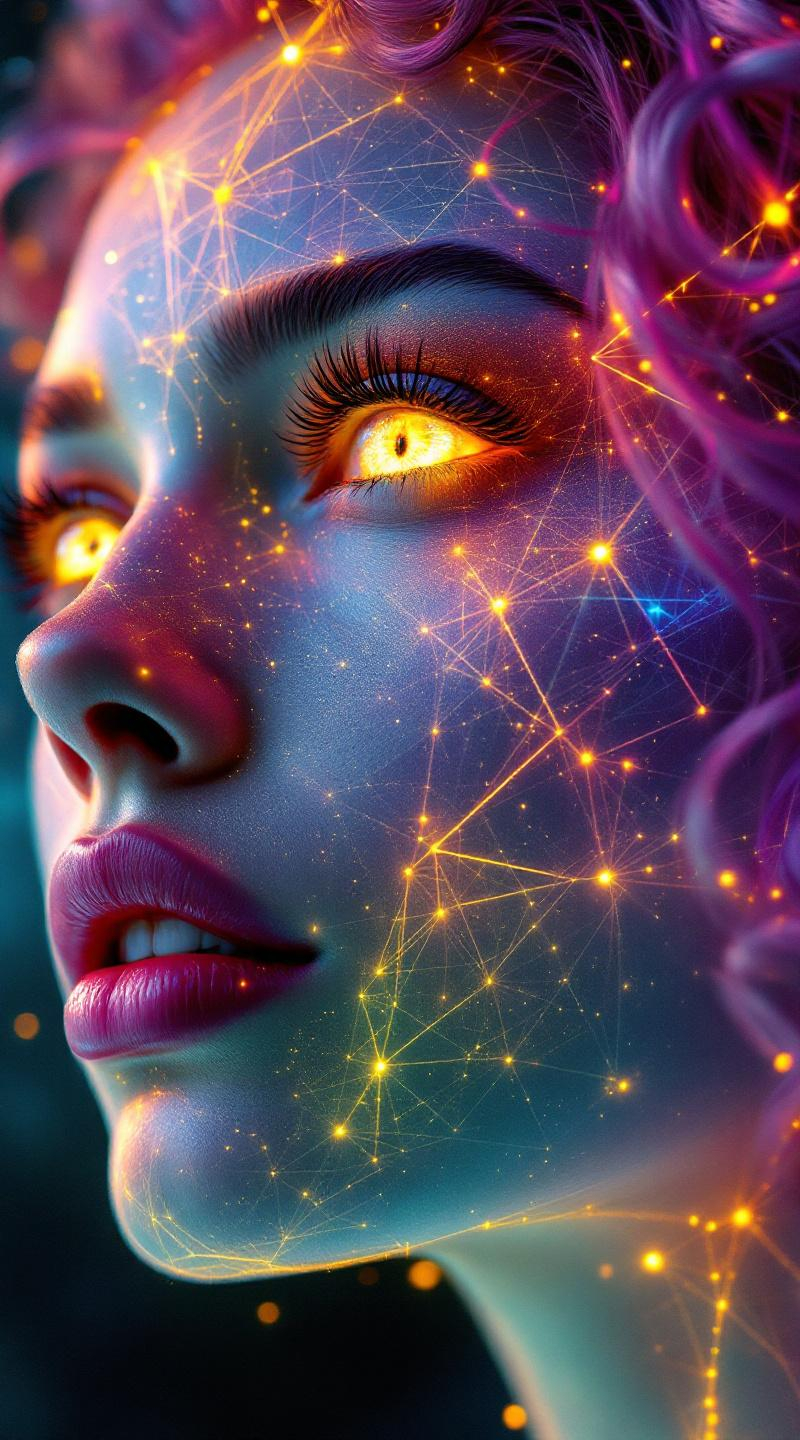 Prompt: Her face is a modular masterpiece—cheekbones traced with the shimmer of moonshine symmetry, every angle tuned to a hidden harmonic. Newton fractal veins glow faintly beneath translucent skin, shifting in color with each emotion. Her eyes burn with prime number fire, irises tiled in Penrose symmetry, blinking with curved light logic. Laughter echoes in Hilbert paths across her cheeks—space-filling joy spirals, soft and bright. Hair spills around her in radiant pink curls, styled by quasiperiodic forces and recursive wave equations—each strand flowing in luminous fractal tension. Geometry pulses at the hairline, recursive symbols glinting in neon mathdust. She is wrapped in hyperbolic aura-rings, layered in color-feedback like living topology, her presence refracting sacred math through joy, emotion, and colorfields.”

⸻

Visual Keywords:
Modular face symmetry, Newton glow skin, Penrose-tiled irises, Hilbert smile trails, pink recursive curls, fractal symbol halo, hyperbolic color aura, neon mathdust, prime fire eyes