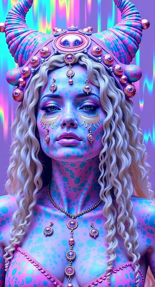 Prompt: Create a super hyperrealistic, finely detailed psychedelic Nouveau illustration of a Cosmic Jester. Feature the word MERRYPRANXTERworked organically into the background somehow.  This enchanting character is a merry prankster of the cosmos, an astral jokester dancing through time and space. She exudes a jester vibe, wearing feminine holographic jester attire & makeup with a feminine, harlequin twist. Not human, but humanoid, she is crafted from vibrant colored light, embodying an extra-dimensional extraterrestrial essence. Her presence is a beacon of joy, as she laughs and twirls through the cosmic astral realms, elevating vibes wherever she roams. 

Her beauty is otherworldly, with long, curly hair that shimmers like a cascade of colored light, appearing blonde yet transcending earthly hues. Her eyes sparkle with mischievous wisdom, and her attire is a dazzling array of intricate patterns and swirling colors, reminiscent of both jester garb and celestial phenomena.

Incorporate the text "the merrypranxter" above her in smaller, elegant lettering, seamlessly blending into the cosmic background. This text should capture the essence of her playful spirit, as if it were a whisper from the universe itself. The illustration should radiate her vibrant energy, portraying her as a timeless wanderer spreading joy and wonder throughout the cosmos.