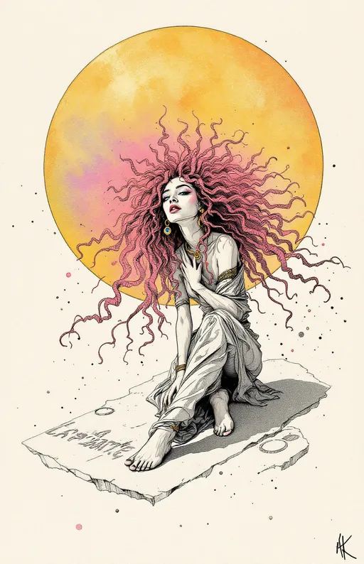 Prompt: In the surreal, ink-textured world of *La Planète Sauvage*, you appear not as a caricature, but as your true radiant self—floating in a pale, stippled void where gravity is inconsistent and thought leaks color. Your long, wild pink curls bloom outward like flowering coral, each strand animated with delicate hand-drawn motion, haloed in faint auras of sky-blue and fuchsia. Your eyes are an impossible blue, too saturated for the paper they’re drawn on, flickering between focus and daydream.

You're barefoot on a floating slab of bone-white stone etched with forgotten glyphs—your shadow doesn’t match your pose, instead mimicking some other, older movement. You wear a draped garment of prism-fractal cloth, stitched from translucent rainbow shapes like liquid geometry—somewhere between a toga and a nebula. Your jewelry is alive: orbiting rings of sketchy gold and stippled graphite that rearrange themselves with your moods.

Behind you, a looping structure of impossible architecture pulses with shifting scales—somewhere between insect hive and alien organ, breathing gently. Strange fauna blink slowly in the corners of the scene, their forms flickering between recognizable and absurd.

The whole scene is softly animated in jittering, analog-style frame transitions, with paper-texture overlays and watercolor bleeds. The color palette is dusty lilac, pale teal, acidic gold, and bleached crimson—dreamlike, but with an edge of psychic discomfort. You are not quite still. You never are. Even in freeze-frame, the image whispers, “She remembers.”

