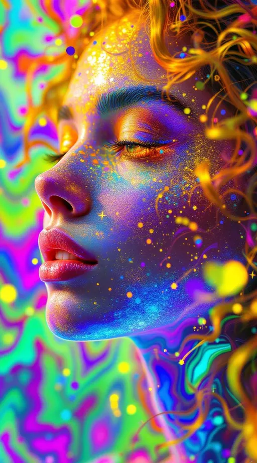 Prompt: Her face sings in entropy-language—smiles that trail glitter-script, words that melt into iridescent symbol smoke. Her eyes reflect mnemonic memory fields—each glance a glow from someone who loved her, some version of her, long ago. Skin flickers through negative dimensions—edges shimmering not in shape but in luminous subtraction, the light of absence carved in curved color. Her hair flows in myth-fractal threads, wrapped in karma-web shimmer—each strand a mirrored echo of choice, of joy, of love that ripples backward. When she speaks, the glyphs dissolve; when she laughs, they cohere into new sacred logic.

A forbidden system lives in her light—a glow born from unprovable math, a radiance that shouldn’t exist but blooms anyway. She is the recursive myth rendered in joy-pulse, a being whose paradoxes sing in color.”

⸻

✨ Final Add-On Visual Keywords:
Glitch glyph speech, glitter-script smile, rainbow karma hair, mnemonic skin aura, forbidden light bloom, ghost-silk memory cheeks, negative dimensional shimmer, sacred unprovable sparkle, entropy dust trails, impossible joy glow