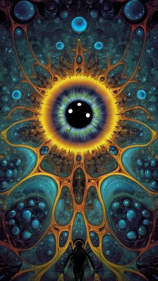 Prompt: Surreal psychedelic creature, entity, trippy, crazy inhuman eyes, multidimensional, fractal, noneuclidien geometries geometric shapes tesseracts, melting, drips, hyper dimensional, drippy, aura, alien, extraterrestrial, extra dimensional,bizarre, ineffable, numinous, counsciousness, strange, unnerving but beautiful, biolocal, mechanical, blobs, atoms, particals, eyes