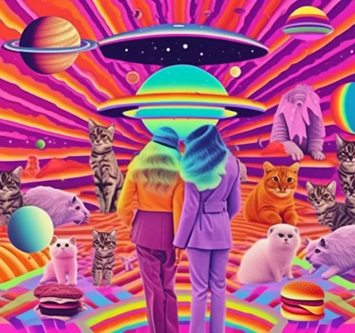 Prompt: a psychedelic collage with a vintage 70s sci animation feel to it except the theme is 90s internet memes. It is to be a collage of photographs and illustrations, outer space, planets, landscapes, optical illusion patterns, geometric shapes, eyes, hands, body parts, with rainbows, 404 error warnings, hamsters, cats, hot dogs, hamburgers, llamas, pickles, candy, chips, pixels, orbs, 90s style iconography spliced together with a vintage 70s psychedelic collage effect<mymodel>