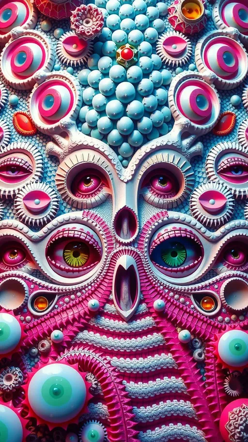 Prompt: an extremely hyper realistic ultra super textural weird trippy surreal psychedelic pattern, op art tiling, silver, pyrite, quartz,, flourite, apatite, bright vivid pinks, greens, yellows,blues,  lots and lots of light, lots of crazy colorful compound psychedelic human eyes, rows of human teeth, human lips, tongues, lithops, succulent, quantum strings, algae, bryozoans,  Bose-Einstein Condensate, extreme high definition organic and mineral textures