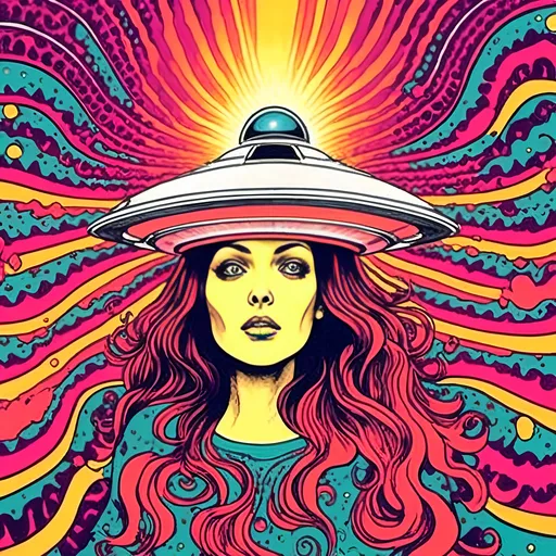 Prompt: <mymodel>Psychedelic poster art illustration of a girl getting beamed up into a flying saucer UFO, vibrant and surreal colors, trippy visual effects, detailed facial features with wide eyes and flowing hair, surreal abduction scene, high quality, vibrant colors, surreal, psychedelic, detailed facial features, poster art style, trippy visual effects, surreal abduction, vibrant and surreal colors, flowing hair, wide-eyed gaze, professional, atmospheric lighting