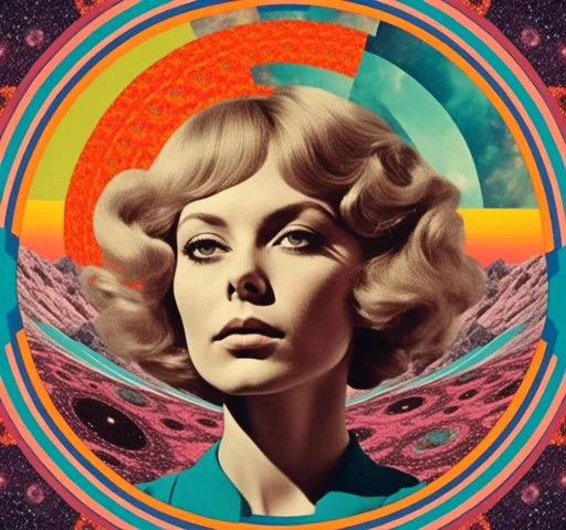 Prompt: <mymodel>Psychedelic trippy collage with a surreal vintage 70s sci-fi feel, vibrant colors, retro futuristic elements, surreal landscapes, detailed psychedelic patterns, high quality, vintage sci-fi, mixed with photograph of a woman with blond curly hair, geometric shape and optical illusions, vibrant colors, surreal, detailed patterns, trippy, collage, 70s, retro futuristic, eyes, surreal landscapes, detailed, atmospheric lighting