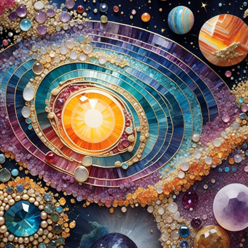 Prompt: <mymodel>Our solar system and outer space created out of gemstones and gemstone textures, high-res, ultra-detailed, 3D rendering, cosmic, vibrant colors, sparkling textures, luxurious, celestial bodies in precious stones, majestic planetary alignment, opulent asteroid belt, radiant gemstone stars, intricate details, luxurious art style, gemstone textures, space scene, cosmic lighting