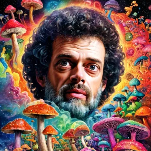 Prompt: Psychedelic poster art illustration of Terence McKenna with brain and psychedelic mushrooms, vibrant and surreal, high detailed, mixed media, trippy color palette, surreal lighting, detailed facial features, psychedelic, surreal, vibrant colors, detailed mushrooms, intricate brain, poster art, high quality, detailed illustration, mixed media, intense and surreal lighting