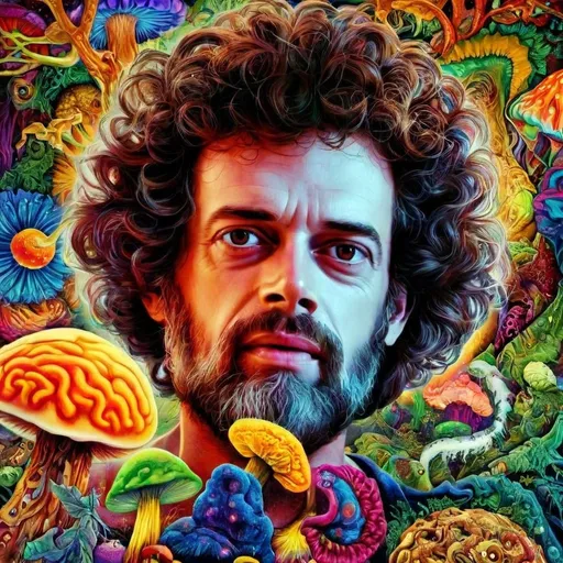 Prompt: Psychedelic poster art illustration of Terence McKenna with brain and psychedelic mushrooms, vibrant and surreal, high detailed, mixed media, trippy color palette, surreal lighting, detailed facial features, psychedelic, surreal, vibrant colors, detailed mushrooms, intricate brain, poster art, high quality, detailed illustration, mixed media, intense and surreal lighting