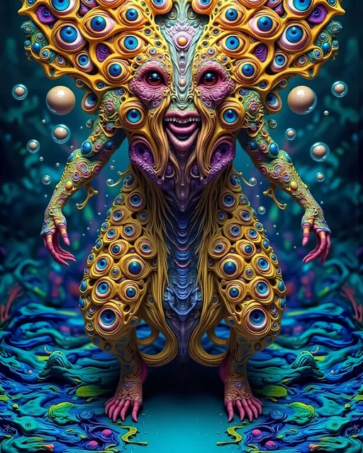 Prompt: An extremely super hyper detailed hyperrealistic weird surreal trippy psychedelic entity manifests, adorned with a multitude of psychedelic compound human eyes, arranged meticulously in a Fibonacci Spiral tiling pattern. These eyes, vibrant and entrancing, create a mesmerizing visual symphony. Rows upon rows of psychedelic teeth form a fractal-like pattern akin to the Mandelbrot Set, spiraling endlessly.

The entity's skin is a shimmering tapestry of iridescent Ammolite, displaying a spectrum of colors that shift with every movement. Interspersed are cubic Fluorite crystals in pale yellow, contrasting vividly with the backdrop. Swirling through its form are veins of Charoite, vivid purple strands weaving cosmic energy throughout its being.

On a microscopic level, Quantum Foam bubbles and fluctuates, giving the entity an ethereal, ever-changing appearance. Vibrating Quantum Strings hint at the fundamental nature of its existence, while Quantum Entanglement weaves an invisible web, linking its myriad parts in a dance of interconnectedness.

The background is a surreal landscape inspired by the Voronoi Tiling pattern, resembling an infinite cellular structure. The ground is a mosaic of royal blue Sodalite, with veins of white calcite creating a natural yet otherworldly pattern. Above, a sky of swirling Quantum Wave Functions paints a picture of potential realities, each wave a probability, each crest a possibility.

This entity embodies the fusion of mathematical precision and quantum chaos, a creation born from the abstract merging of natural, microscopic elements, minerals, and quantum phenomena, existing in a realm where reality and imagination blur into one.