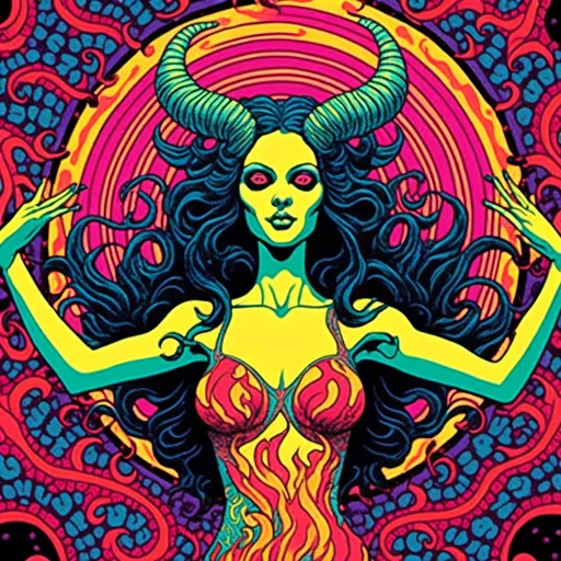 Prompt: <mymodel>Trippy, psychedelic, poster art of succubus, goat skins, latex, dancing in hellfire, high quality, vivid colors, surreal, detailed flames, dark and vibrant, artistic interpretation