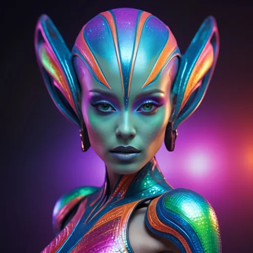 Prompt: High-quality 3D rendering of an extraterrestrial female, vibrant and colorful makeup, futuristic alien high fashion, ads-automotive style, alien goddess, detailed skin texture, otherworldly beauty, vibrant colors, cosmic makeup, holographic clothing, sleek design, professional lighting, sci-fi, highres, ultra-detailed, futuristic, vibrant tones, cosmic lighting