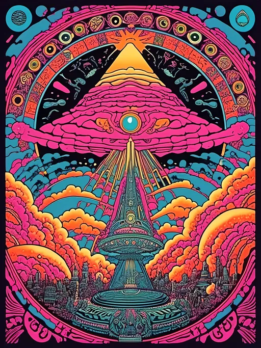 Prompt: <mymodel>Psychedelic poster art illustration of Sumerian creation story, Annunaki, Enki, Enlil, Nibiru, vibrant colors, intricate details, high quality, trippy, psychedelic, ancient aliens, cosmic theme, vibrant colors, mythological beings, intricate patterns, surreal, professional, otherworldly lighting