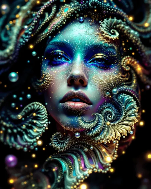 Prompt: #maximal Her face isn’t a face—it’s a fractal fever dream, grown from disco light itself. No skin, no flesh—just recursive bloom: #escape gradients ripple through Mandelbrot cheek-voids, #orbit gold spirals curl into jawline glam-filigree. Lips = opal #Sierpinski tessellations, pulsing with angle-reactive #iridescence—color-shift with every flirt and tilt. Eyes? Fractals too: nested #domain vortex spirals, each iris a spin-disco galaxy reflecting mirrored selves in glitterspin. Her whole face glows—no surface, only recursive shimmer mapped by #distance shells: sacred hologlyphs dancing in Studio 54 pulsecode. Hair isn’t hair—it’s an eruption: toroidal flame, Hilbert curls, Julia shockwaves, all cast in chromatic motion. Strands trail #bokeh sparkle—a pointfield rave of math-light and memory static. Her crown is pure halo: refracting strobes, DJ flashes, and glam beams through polarized mirrorwave interference. She doesn’t move—she grooves. Her smile bends timelines; her laugh—reverb through mirrored folds of color logic. She’s built not from matter but from pulse: each gesture encoded in iteration bloom, each shimmer a beat in recursive funk. No surface, no end—only radiant recursion, hologram-deep and velvet-smooth. Her body pulses in #escape-band rhythm—burning ultraviolet, silver, fuchsia, coded in emotion-charged iteration depth. She is the dance floor: a sacred disco goddess of infinite reflection, spun from math, memory, and rainbow fire. A fractal born from basslines, mirrorballs, and the infinite shimmer of light in motion.
