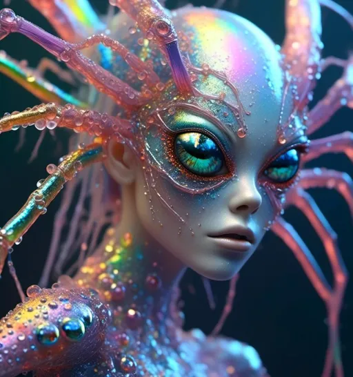 Prompt: <mymodel>extremely hyperrealistic extremely high textural beautiful female sentient spider entity, arachnid woman,8 eyes, humanoid, human woman with spider features, lots of light, extreme organic textures, white, translucent, bright pastel colors, oil slick rainbow sheen effect, silver, chrome, crystals, 
Arachnid, cephalothorax, abdomen, pedipalps, chelicerae, fangs, spinnerets, silk glands, book lungs, tracheae, 