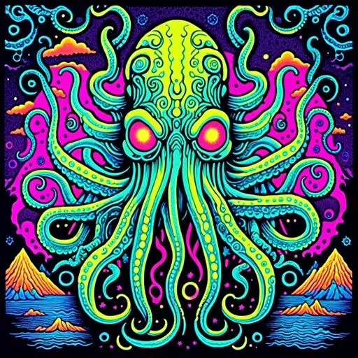 Prompt: <mymodel>Vintage blacklight poster of Cthulhu, tentacles, lovecraftian, eldritch, 70s style, tribal design, psychedelic colors, intricate tentacles, cosmic background, high quality, detailed illustration, blacklight style, 70s vintage, cosmic, intricate details, vibrant colors, psychedelic, tribal design, retro, atmospheric lighting