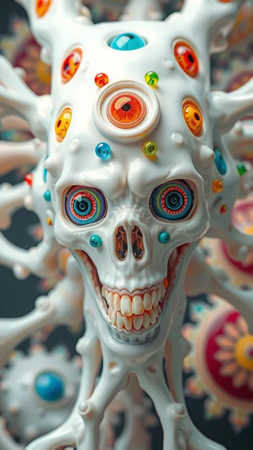 Prompt: an extremely hyper realistic ultra super textural weird trippy surreal psychedelic entity, vicsek fractals, white, translucent, clear, bright bright pastel colors, oil slick rainbow sheen effect, lots and lots of light, lots of crazy colorful compound psychedelic human eyes, rows of human teeth, fungus, atoms, diatoms, vicsek fractal