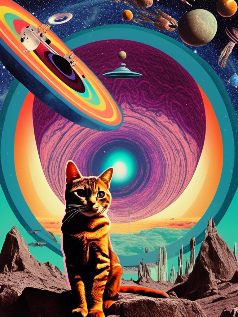 Prompt: a psychedelic collage with a vintage 70s sci-fi animation feel to it except the subject matter will be CATS IN SPACE! The collage will have elements of photography, illustration, trippy patterns and optical illusions, alien landscapes, strange trippy planets, UFOs,, meteors, all cut and spliced together in a psychedelic collage style <mymodel>