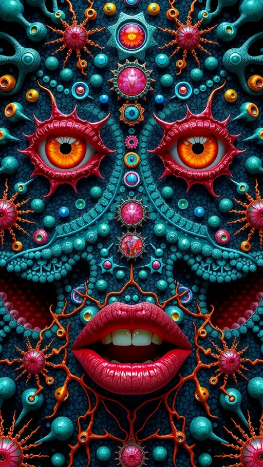 Prompt: an extremely hyper realistic ultra super textural weird trippy surreal abstract psychedelic pattern, lots of crazy psychedelic eyes, female lips, human teeth, nerves neurons, synapses,  Mandelbrot, op art tiling, rhodium, charcoal, pyrite, quartz, chrysocolla, larimar, sapphire, apatite, pinks, copper,  lots and lots of light, lots of crazy colorful compound psychedelic human eyes, rows of human teeth, human lips, tongues, lithops, quantum foam, quantum strings, extreme high definition organic and mineral textures