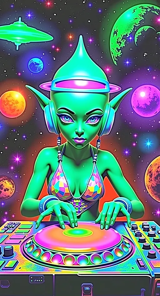 Prompt: **Glitchy Cosmic DJ Diva - AI Art Prompt**

Create an artwork featuring our iconic green-skinned alien babe as the ultimate DJ at a cosmic rave. She's working the turntables with finesse, her bald conical head adorned with a sleek, futuristic headset that pulses with neon lights in sync with the beats.

Dress her in futuristic, glowy rave attire that's both stylish and PG-13, featuring bold patterns and luminescent accents that shimmer with every movement. Her outfit should reflect the vibrant energy of the rave, with colors that pop and glow against the cosmic backdrop.

Surrounding her are a crowd of aliens grooving and raving to the cosmic tunes. These green-skinned partygoers are immersed in the rhythm, their bodies shimmering with astral light and cosmic sweat as they dance under the vast expanse of the astral plane.

The scene is alive with vibrant astral light that flickers and glows in time with the music, casting colorful reflections across the dance floor. Planets, stars, and asteroids form the backdrop, adding depth and a sense of infinite space to the rave.

Introduce a super glitchy aesthetic to the entire composition, with digital distortions and pixelated effects that add a layer of futuristic intrigue. The glitch elements should enhance the dynamic and energetic atmosphere, making the scene feel like a digital dreamscape.

A prominent UFO hovers nearby, its sleek design and luminescent glow adding an extra layer of sci-fi intrigue to the scene. The UFO's lights pulse in harmony with the music, enhancing the otherworldly atmosphere.

Balance hyperrealistic textures with an illustrative, artistic style, capturing the energy and excitement of this cosmic rave. Let the fine details and vibrant colors transport viewers into a realm where music and the extraterrestrial collide, in a celebration of cosmic joy and exploration. 🎧👽🌌

Let this prompt inspire a piece that's as dynamic and visually captivating as it is uniquely yours!