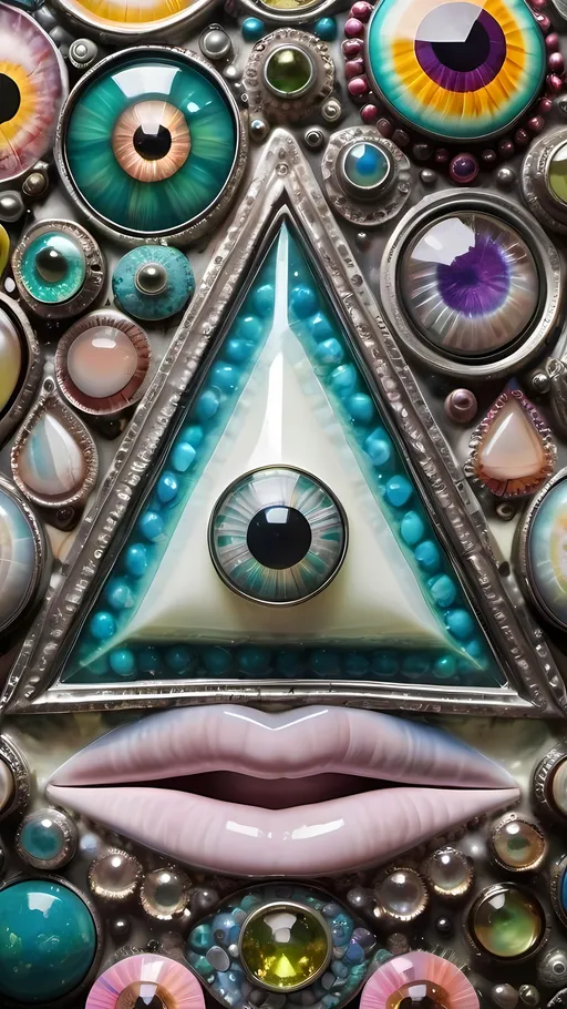 Prompt: an extremely hyper realistic ultra super textural weird trippy surreal psychedelic entity, delaunay Triangula,translucent, white, blown glass, pearlescent finish, inlaid opal, glittering crystal accents, silver, pyrite, quartz,, chrome, bright vivid teals, blues, pinks/yellows/greens,purples,  lots and lots of light, lots of crazy colorful compound psychedelic human eyes, rows of human teeth, human lips, tongues, fungus,  atoms, diatoms, diatomic, algae, bryozoans, delaunay Triangulation, extreme high definition organic and mineral textures