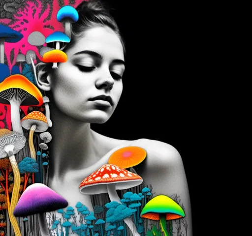 Prompt: A mixed media collage of a black and white photograph of a young woman growing all kinds of colorful multimedia psychedelic mushrooms and fungus out of her body (incorporate things like- but are not limited to - vibrant paints, enamels, glitters, metallic foils, newspaper and magazine cut paper, paint spatter, etc)<mymodel>