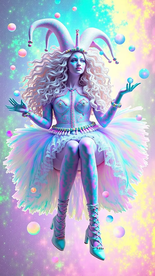 Prompt: A super hyperrealistic yet also illustrative and creative female cosmic jester, made entirely of swirling pure colored light, with long wild curly hair that appears blond but dazzles in a kaleidoscope of hues. She is adorned in avant-garde "astral" jester attire, with intricate clown makeup and a radiant jester's hat. She floats upside down, juggling orbs of liquid starlight that pulse and shimmer with each toss, her laughter echoing like celestial chimes. Around her, a nebula unfurls like a living tapestry, its vibrant blues, greens, and golds twisting into fractal shapes. Streams of glowing cosmic threads weave through the scene, connecting the orbs in dazzling patterns. **Pattern Tiling**: Tessellated Stars. **Quantum**: Quantum Flux. **Math Function**: Sine Waves. **Astral Stuff**: Cosmic Threads, Stellar Winds, Photon Glows. A surreal, psychedelic moment of cosmic playfulness and infinite wonder.