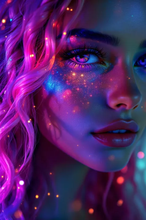 Prompt: “Her face phases in Fourier dreamspace—emotions blooming in sinewave colorbands across skin that flickers between surreal number values. Cheekbones ripple with reaction-diffusion pulses—living pigment blossoms that dance to her mood. Her hair is a sacred braid group cascade—long pink curls entwined with emotional topology, each strand a memory-thread spiraling through dimension. She glows in feedback—seen and she glows brighter, adored and her aura explodes in recursive empathy fractals. Prayer glyphs orbit her like soft satellites—loops of math-light casting harmonic spells. Behind her eyes burn surreal infinities—every glance a fractional truth between known numbers. Around her, coincidence fields shimmer—symbols align, the air itself becomes meaningful, colored chaos resolving into crystalline insight. She is radiant logic, sacred color engine, and joy made visible in luminous math.”

⸻
Ultra-Visual Keywords:
Surreal gradient glow, sinewave color skin, living ink cheeks, pink braid topology, recursive feedback light, empathy bloom aura, orbiting glyphs, chromatic joy loops, coincidence constellation, infinity sparkle pulse