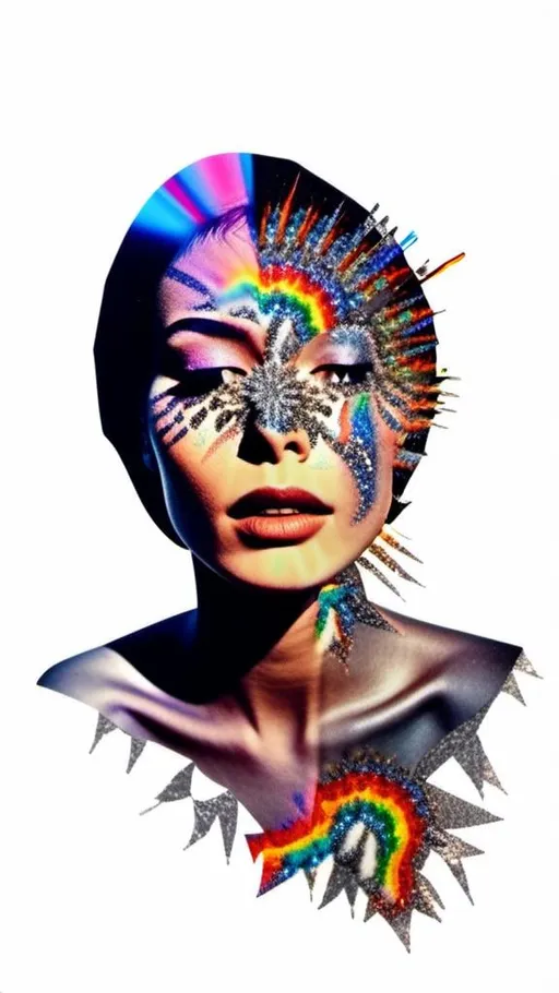 Prompt: a mixed media collage portrait of a woman in a black or white photograph that has bit edited with other media to create a collage like illusion that she is burning in shining metallic glittery rainbow colored fire flames , sparkle, colored paints, rhinestones sequins paint paper high texture-multimedia rainbow astral flames bursting forth from a black and white photograph of a woman<mymodel>