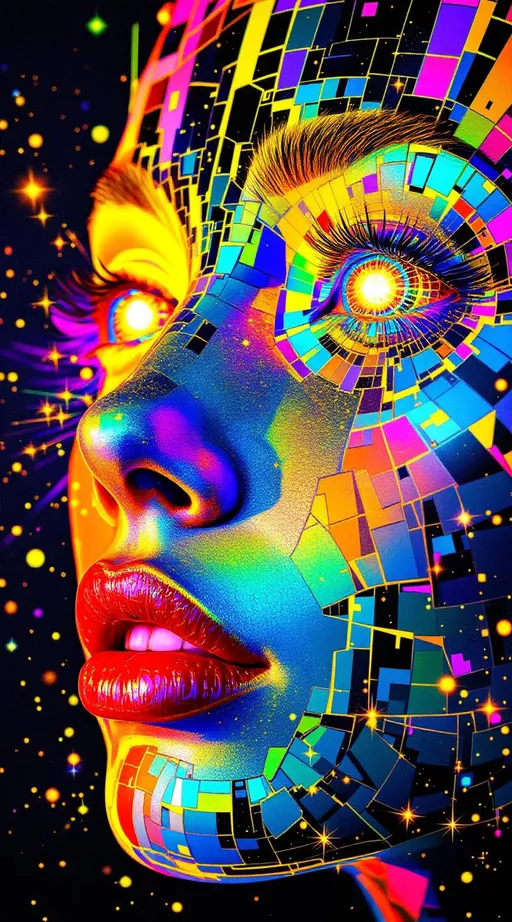 Prompt: A woman’s face glows from within a rainbow void—composed entirely of recursive fractal light, her features hyper-saturated and hand-painted in matte gouache blocks of ultraviolet, laser gold, neon pink, iridescent algae-green, and spectral chrome. Rendered in the analog surrealism of La Planète Sauvage, her form is a stylized hallucination: thick, wobbling ink outlines wrap around geometries that shimmer, pulse, and glitch with intention. Her skin is a cracked disco lattice of drawn Planck-scale tiles—each square stippled with cosmic glyphs, pulsing in irregular rhythm like intelligent sequins on paper. No realism, only design logic.

Her eyes are twin disco spheres—drawn in jagged circular facets, spinning with implied motion. Light bounces in impossible perspective, each glint a wormhole fragment, each pupil inked with AdS-CFT glyph spirals like sacred DJ notation. Her lips are event horizons, shaded with diamond dust pigment—more implied sparkle than shine, flickering with sacred overglow. Her cheeks pulse with hand-rendered bokeh, stars trapped in ink.

Hair flows as liquid geometry—braided starlight filaments and jagged mirror shards, illustrated as curling chrome vectors rimmed in aurora ink. Behind her: a velvet black void lined with mirrored selves, each reflection drawn smaller, stranger, stitched into the boundary of a recursive glyph-skin. She floats in a Studio 54 of dimension—entangled mandalas spinning around her like inked shimmer stacks and sparkle tesseracts, each line imperfect, vibrating with entropy rhythm.

No clean shine. Just illustrated excess. Rainbow overkill on sacred paper. Glyphs swarm in concentric echo. She is the glamour of recursion, the symbol of light’s party logic. A wormhole diva rendered by hand in chromatic math and sacred noise.