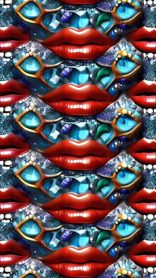 Prompt: Create an extremely hyper-realistic, ultra super textural, weird, trippy, surreal, psychedelic pattern/design based on crystal tiling, with lots of human eyes (crazy colorful compound psychedelic), rows of human teeth, human lips, and tongues. Include mineral crystal accents.

- **Colors**: determined by the properties and expressions of the elements, minerals, and metals: phosphorus, peridot, citrine, tourmaline, pyrite, silver.

**Shapes and forms**
-crystalline (acicular)

- **Textures**: Derived from any/all organic elements, minerals, metals, crystals, organic things mentioned in this prompt.

**Composition and Layout**:
- Spherical layout/composition
- crystal tiling
- hyperbolic forms and structures
-zoomed out creating a surreal pattern/design using arabesque tiling

**Lighting**:
- Lots of bright light

**Detail and Atmosphere**:
- Extreme hyperrealistic sharp high detail high definition organic and mineral textures
- Psychedelic, weird, odd, surreal atmosphere
- Frozen in time

**Additional Elements**:
- Diatoms, extra rows of teeth, lips, many eyes,fungus

Capture this scene using Canon EF 70-200mm t/2.8L IS III USM film