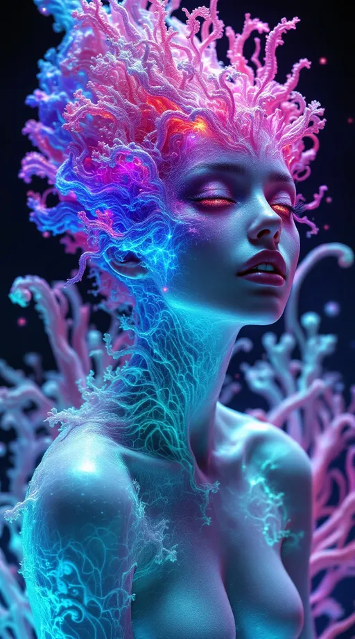 Prompt: Depict a surreal, multidimensional female figure—Merry—composed entirely from a living equation known as Fractal Drift in Hyperspace. Her body is sculpted from quaternionic Julia sets warped through Perlin noise and Möbius-space distortions, forming an endlessly flowing geometry. Self-similar coral-like filaments shimmer with radiant neon: hot pink, electric teal, oil-slick violet, and shimmering white. Her form is in constant, graceful flux—twisting inside-out along slow Möbius turns, subtly vanishing and reappearing like a being out of phase with known dimensions.

Hair becomes a halo of recursive fractal tendrils, sparkling with chaotic color harmonics, each strand flickering like data streaming from a dream. Her eyes are wells of curved spacetime, glowing black-indigo with gravitational pull. Her expression flickers across recursive interference waves—always shifting, always almost recognizable. Her skin is not skin, but compressed time rendered in color and motion.

Behind her, the void blooms into Recursive Graviton Bloom—a hyperbolic tiling in the Poincaré disk model, patterned in infinite nested symmetry. The grid curves and distorts from simulated gravitational lensing, giving it a warped-glass elegance. Through it drift Lorenz-attractor light filaments—ribbons of gold, red, blue, and ultraviolet, spiraling through space like alien synaptic pathways. A layer of Fourier interference waves rolls across the scene like a cosmic pulse, syncing to Merry’s breath. The entire scene feels sentient—as though space itself is watching her unfold.
