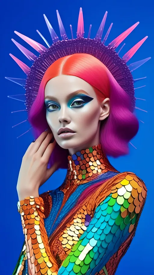 Prompt: <mymodel>High-quality 3D rendering of an extraterrestrial female, vibrant and colorful makeup, futuristic alien high fashion, ads-automotive style, alien goddess, detailed skin texture, otherworldly beauty, vibrant colors, cosmic makeup, holographic clothing, sleek design, professional lighting, sci-fi, highres, ultra-detailed, futuristic, vibrant tones, cosmic lighting colored skin tone 