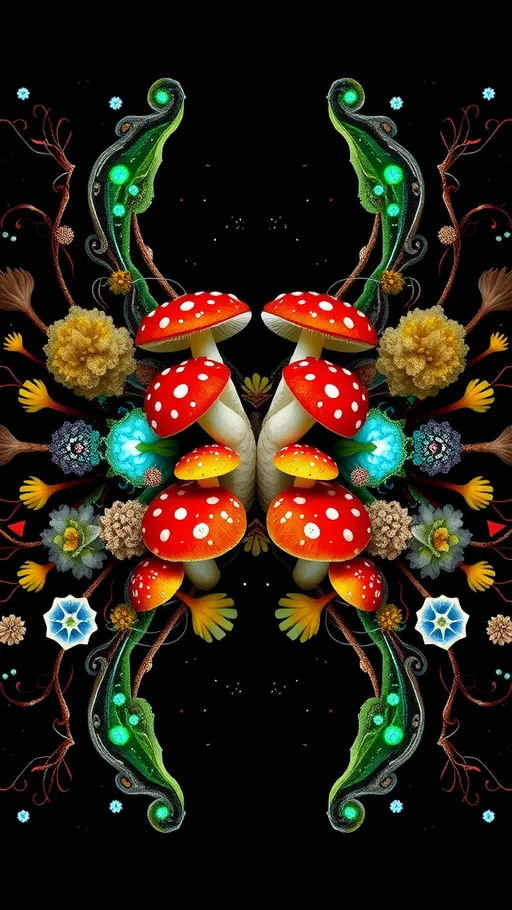 Prompt: A bilaterally symmetrical psychedelic art design grown from the following fungi:

1. **Amanita Muscaria**: Known for its iconic red cap with white spots, this mushroom adds a bold pop of color and classic mushroom shape.

2. **Bioluminescent Mycena**: These tiny, glowing mushrooms bring an ethereal, otherworldly light to the composition.

3. **Lichen**: With its intricate, branching structures and varied colors, lichen adds texture and complexity.

4. **Slime Mold (Physarum polycephalum)**: Known for its vibrant yellow and dynamic movement, slime mold introduces a sense of motion and fluidity.

5. **Reishi (Ganoderma lucidum)**: This fungus, with its glossy, fan-shaped caps, adds a rich, earthy tone and smooth texture.

**Psychedelic Design Description:**

Imagine a bilateral symmetrical design where these fungi grow and intertwine into a perfect piece of psychedelic art. At the center, Amanita Muscaria mushrooms form a radiant sunburst pattern, their red caps creating a vibrant focal point. From the center, Bioluminescent Mycena mushrooms spread outward, their gentle glow casting a mystical light across the entire piece.

Encircling the Mycena are delicate strands of Lichen, their branching forms creating intricate lace-like patterns that weave through the design. Slime Mold flows around the edges, its bright yellow tendrils forming dynamic, swirling shapes that suggest movement and energy.

Finally, Reishi mushrooms anchor the corners of the piece, their smooth, fan-shaped caps providing balance and grounding with their rich, earthy tones. The entire composition is mirrored across a central axis, creating a harmonious and symmetrical display that draws the viewer into a psychedelic realm where nature's beauty is amplified in kaleidoscopic wonder.
