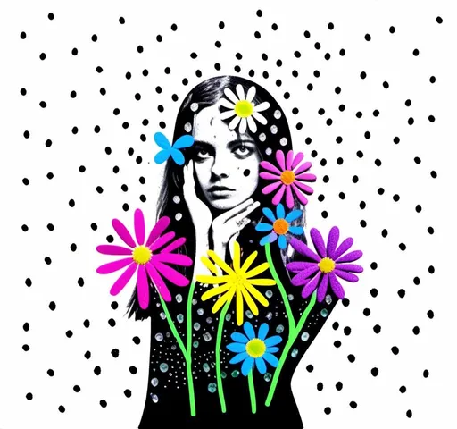 Prompt: <mymodel>Girl sprouting wildflowers in summer rain, mixed multimedia medium, black and white, halftone photo, detailed wildflowers, paint, enamel, glitter, sparkles, foils, magazine pages, cut/folded paper, rhinestones, thread, high quality, detailed, mixed media, black and white, halftone, summer rain, vibrant wildflowers, artistic, creative, intricate details, serene atmosphere, professional lighting, captivating composition