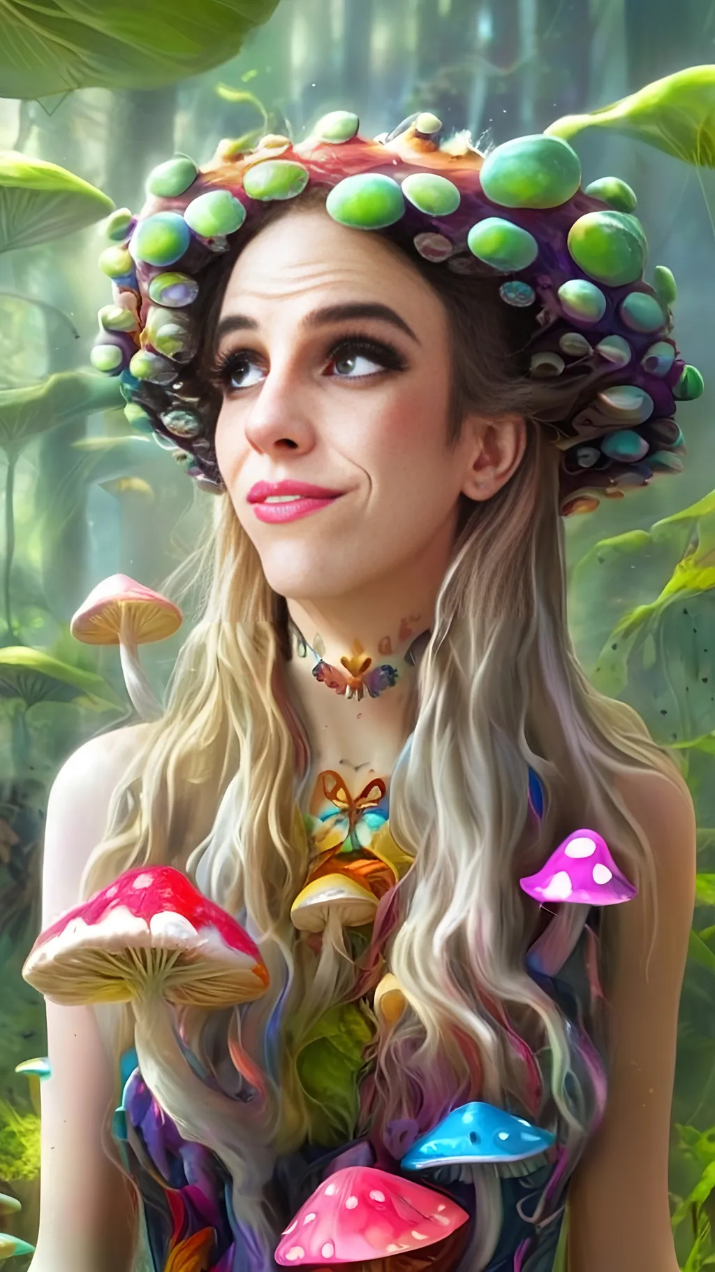 Prompt: A beautiful avant garde psychedelic mushroom  fairy queen with long curly blond hair, wearing clothing made out of fungus, mushroom fashionista, fungal fashions, mushroom accessories, liberty caps, psilocybe cubensis, rendred in a psychedelic hyperrealistic style