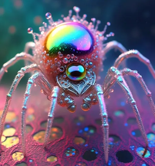 Prompt: <mymodel>extremely hyperrealistic extremely high textural beautiful female sentient spider entity, arachnid woman,8 eyes, humanoid, human woman with spider features, lots of light, extreme organic textures, white, translucent, bright pastel colors, oil slick rainbow sheen effect, silver, chrome, crystals, 
Arachnid, cephalothorax, abdomen, pedipalps, chelicerae, fangs, spinnerets, silk glands, book lungs, tracheae, 