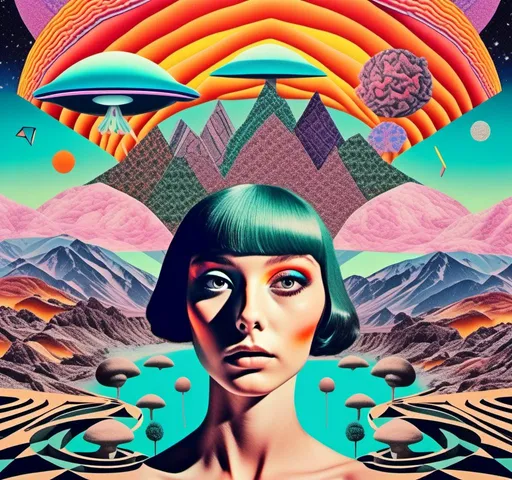 Prompt: a psychedelic collage with a feel of a vintage surreal art house 70s scifi animation combined with a psychedelic collage created out of spliced photographs, art, magazine pages, etc other photos of things like alien landscapes,, eyes, geometric shaped cutouts of trippy patterns, optical illusions, mushrooms, crystals, planets and stars, buildings, roads, cars, animals, aliens, UFOs,, insects, lots of eyes<mymodel>