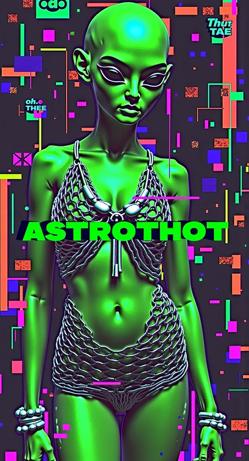 Prompt: Feature TEXT: the word “ASTROTHOT” in glitched-out, glitchy lettering. Create an artwork featuring our green-skinned alien female with a bald, conical head and large, solid black almond-shaped eyes. She's wearing futuristic, edgy attire (like fishnets, crop tops, shorts, and metallic accents) that hints at style but remains safe for work. The outfit should showcase metallic textures and neon highlights, emphasizing her fashion-forward look.

The alien is posing, exuding confidence and charm. Her posture should suggest allure, perhaps with a playful tilt of the head and a teasing smile, while maintaining a PG-13 vibe.

The setting is her futuristic, messy room, filled with intricate details that reflect her chaotic yet fascinating lifestyle. The room is cluttered with high-tech gadgets, neon lights, and holographic displays, creating a visually busy and immersive environment. Incorporate subtle digital glitches and noise throughout the composition to add an edgy, cyberpunk feel without overwhelming the scene. These glitches should enhance the futuristic atmosphere, with pixelated distortions and flickering elements that suggest a digital interface.

Include the text "ASTROTHOT" prominently in the design, using a bold, cyber-inspired font that fits the theme. Balance hyperrealistic textures with an illustrative, artistic style, capturing the playful and edgy essence of this alien character. Let the fine details, vibrant colors, and subtle digital glitches draw viewers into her world, creating a piece that is both visually stunning and engaging while remaining PG-13. 🌌👽✨

---

I toned down some of the descriptions and rephrased a bit. Hopefully, this version will pass through without any issues. Let me know if you need further adjustments!