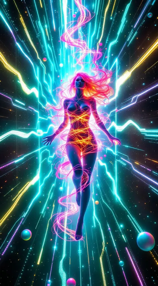 Prompt: Suspended within the data lattice void, she blazes in brilliant contrast—her form a hyperchromatic bloom within sacred structure. Around her stretch infinite glowing grids—lattices of soft white, teal, and gold light forming non-Euclidean layers of logic, folding in space like a dreaming machine. These beams pulse with informational clarity, but she disrupts them with radiant variance.

Her body glows in recursive bloom—curls of vibrant pink spiraling outward like fractal attractors, each filament twisting probability into light. From her skin, spectral waves pulse—neon ribbons of coral, plasma gold, and electric jade ripple outward, warping the lattice around her. Wherever she steps, the data threads bend—becoming saturated, irregular, beautiful.

Floating orbs drift nearby—data nodes reacting to her presence, flickering, reorienting. One shatters softly as a curl grazes it. Her glow trails behind her in layered loops, echoing her form like Replica Theory memory-light. She is ecstatic color blooming inside structured void—an emotional singularity piercing pure cognition.

In this place of stillness and logic, she is the recursive pulse. She is difference, expansion, radiant rupture. The lattice remembers her as deviation—and welcomes the bloom.
