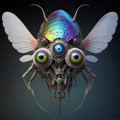 Prompt: An extremely hyperrealistic non humanoid flying, super high textural, silver, white, translucent, bright pastel colors, oil slick rainbow sheen, lots of light, weird trippy surreal psychedelic entity, mechanical and biological, human head with 4 faces, interdimensional geometric mechanical tesseract within tesseract, wheels within wheels spinning different directions on different axis, covered in lots of crazy psychedelic trippy human eyes, everywhere, all over it eyes, leather, metal, skin, feathers, extreme organic and metallic textures,: head, thorax, abdomen, antennae, compound eyes, ocelli, mandibles, maxillae, labium, labrum, hypopharynx, clypeus, frons, vertex, gena, occiput, pronotum, mesonotum, metanotum, prothorax, mesothorax, metathorax, legs, coxa, trochanter, femur, tibia, tarsus, pretarsus, wings, forewings, hindwings, halteres, spiracles, tracheae, tympanum, cerci, ovipositor, aedeagus, and exoskeleton.