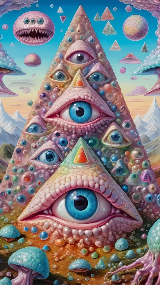 Prompt: an extremely hyper realistic ultra super textural weird trippy surreal psychedelic entity, gyroid structures, Pascal's Triangle, white, translucent, clear, bright bright pastel colors, oil slick rainbow sheen effect, lots and lots of light, lots of crazy colorful compound psychedelic human eyes, rows of human teeth, fungus, atoms, diatoms, gyroid structures, Pascal's Triangle