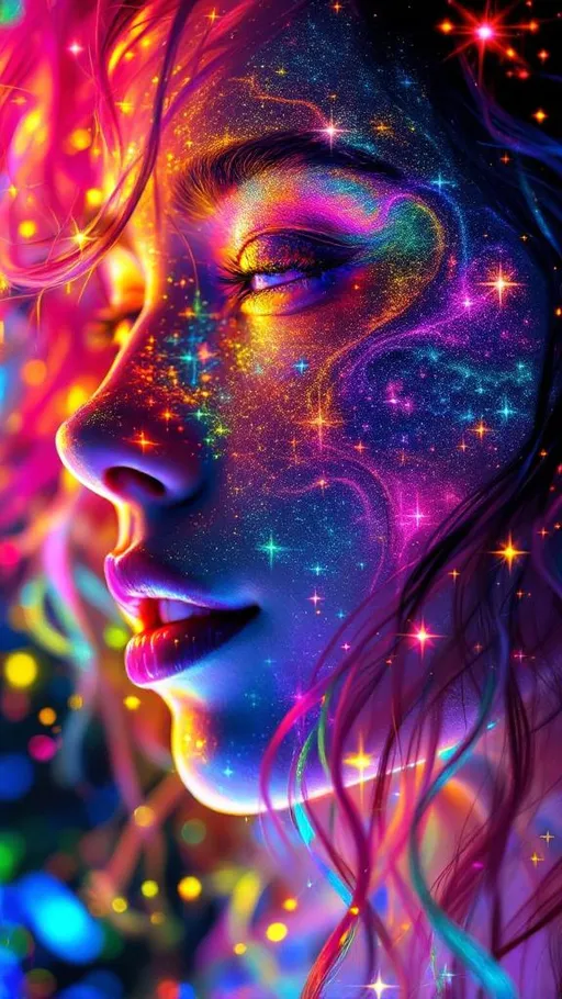 Prompt: She radiates joyful recursion—her face aglow with Newton fractal basin webs, each iridescent patch a rainbow logic map flickering with emotion. Cheekbones prism into crystal lattices—thought-nodes sparkle like math gems, pulsing with cognitive harmony. Every blink sends spectral ripples across skin; laughter folds into light. Her hair—a wild, living storm of long pink curls—burns in fractal flame trails, each strand trailing neon fire that morphs in chaotic colorbursts. The curls twist in self-affine defiance, scaling and warping across invisible axes—no symmetry, just vibrant mathplay. Her whole head is an attractor bloom: color feedback, glitch flickers, and dreamcode shimmer. Holographic math sigils orbit her like joyful satellites, reacting to her giggle-fields. She is a lightfield girl, glitch-goddess of fractal joy and radiant chaos.”
—
 Visual Keywords:
Rainbow Newton fractals, crystal lattice cheekbones, pink fractal flame curls, self-affine chaos hair, math sigils, joyful glitch aura, neon colorburst, recursive laughter light, holographic emotion field