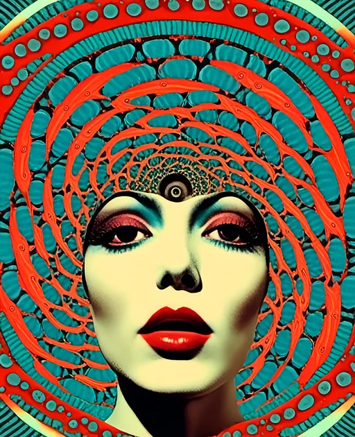 Prompt: <mymodel>Vintage 70s psychedelic sci-fi collage, analog, cut and paste, surreal weird bizarre, magic psychedelic mushrooms, eyes, mouths, fractals, optical illusions, geometric shapes, bizarre landscapes, grainy, retro, aged, magazine cutouts, photos, drawings, psychedelic patterns, image noise, vintage, surreal, vibrant colors, fantasy, trippy lighting, detailed composition, highres, vibrant, surreal, woman with long blond very curly hair